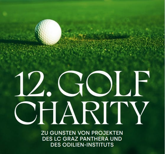 Grüne Wiese mit Gofball und Aufschrift: 12. Golf Charity zu Gunsten von Projekten des LC Graz Panthera und des Odilien-Instituts.